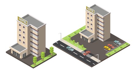 Isometric hotel building low poly illustration