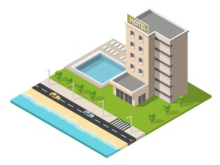 Isometric hotel building with pool low poly illustration