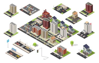 Isometric big set of city cityscape vector low poly elements