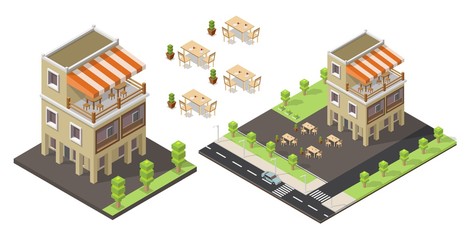 Isometric vector low poly cafe restaurant buildings shop