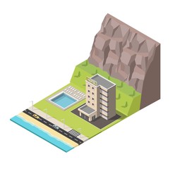 Isometric hotel building with pool and rock low poly illustration