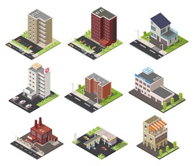 Big set low poly vectors of isometric illustration city street house facades, factory, cafe, school, hospital, gas station, police.