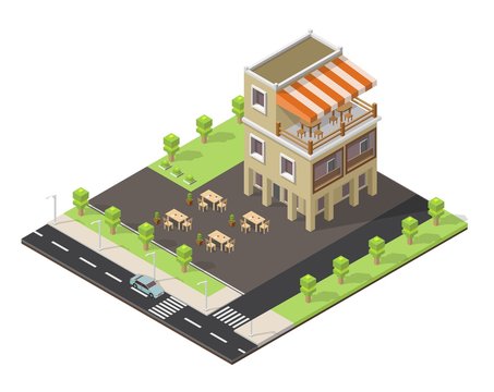 Isometric vector low poly cafe restaurant buildings shop