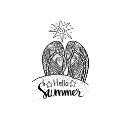 Hello summer lettering with  flip-flops. Greeting card. 