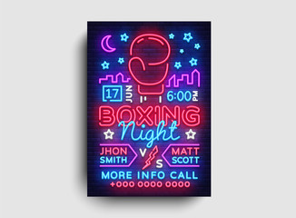 Boxing poster neon vector. Boxing night design template, bright neon brochure, modern trend design, light banner, typography invitation to the boxing match, advertising postcard. Vector illustration
