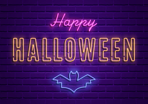 Happy Halloween party bright signboard on brick wall background