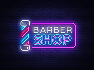 Naklejka na ściany i meble Barber Shop sign vector design template. Barber Shop neon logo, light banner design element colorful modern design trend, night bright advertising, bright sign. Vector illustration.