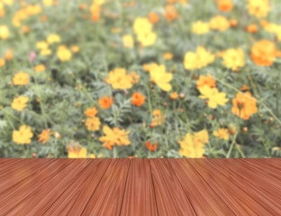 3d Wooden board empty floor with floral background.