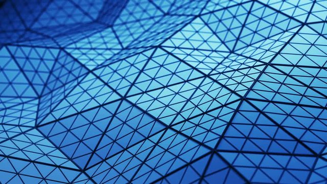Blue low poly triangulated shape with subdivided polygons. Futuristic abstract distorted construction. Seamless loop 3D render animation 4k UHD 3840x2160
