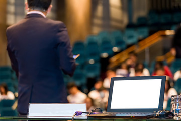 business laptop at podium on seminar conference education