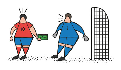 Vector cartoon soccer player man offering bribe to goalkeeper