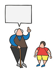 Vector cartoon old man with walking stick, talking to his grandson and advising
