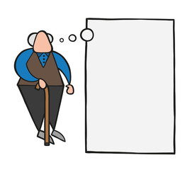 Vector cartoon old man standing with wooden walking stick and dreaming or thinking with blank thought bubble