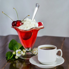 jelly with cherry decorated with flowers