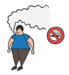 Vector cartoon man smoking cigarette beside no smoking sign