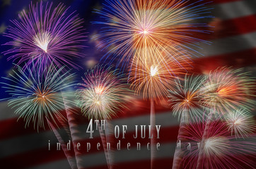 Independence day 4th july text over the Multicolor Firework Celebration over the Part of Abstract planet earth particle background