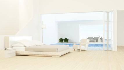The interior minimal hotel bedroom space swimming pool 3d rendering and nature view background	