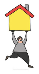 Vector cartoon thief man with face masked running and carrying house