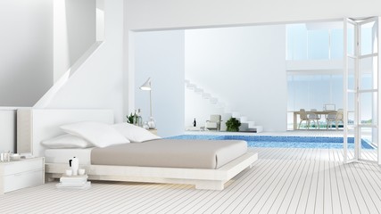 Fototapeta na wymiar The interior minimal hotel bedroom space swimming pool 3d rendering and nature view background 