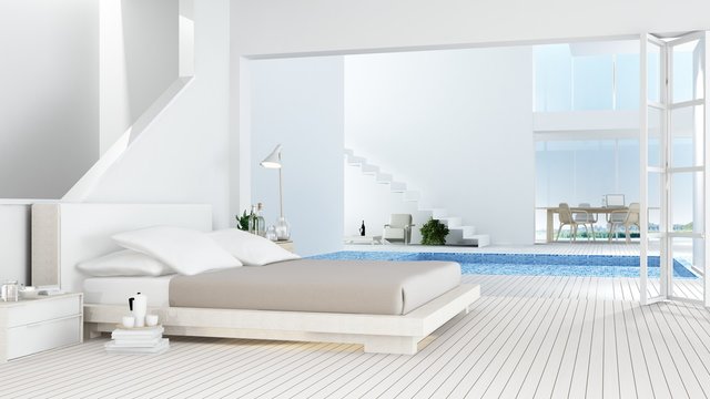 The interior minimal hotel bedroom space swimming pool 3d rendering and nature view background	