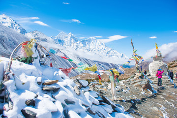 prayer flag and stupa on the mountain