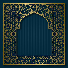 Golden traditional pattern in oriental arched window form. Vintage greeting card background or packaging design frame.