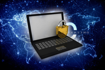 3d illustration Safety concept: Closed Padlock with laptop on digital background