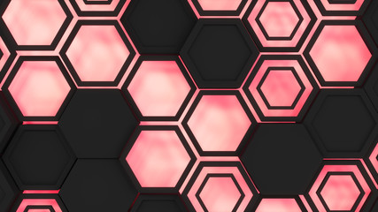 Obraz premium Abstract 3d background made of black hexagons on red glowing background