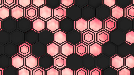 Abstract 3d background made of black hexagons on red glowing background