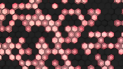 Abstract 3d background made of black hexagons on red glowing background