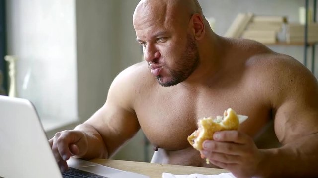 single man is lunching a burger from fast food restaurant, sitting in a home, surfing internet by notebook
