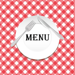 Plate,cutlery on red checkered tablecloth,square. Copy space