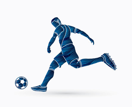 Soccer player running and kicking a ball action graphic vector