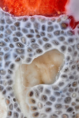 Macro photos of chia seeds in yogurt with pieces of fruit in a clear glass.