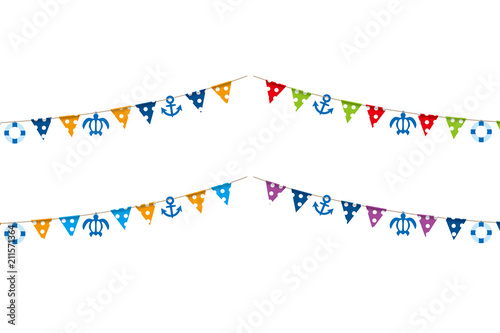 イラスト素材 白背景 夏のイメージの三角旗 パーティーフラッグ 夏のアイコン 亀 錨 浮き輪 横位置 Wall Mural Globeds