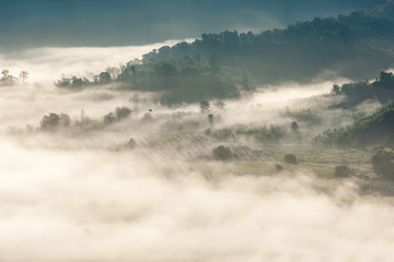 Misty mountain landscape in Phu Langka, Phayao Thailand	