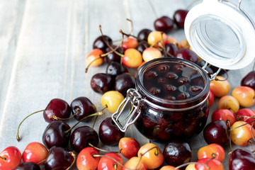 cherry marmalade in a glass jar with a lid, a jar  stands in red cherries, conservation for the winter. selective focus and copy space