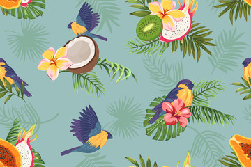 Fototapeta na wymiar seamless pattern with exotic fruits and flowers, palm leaves and birds