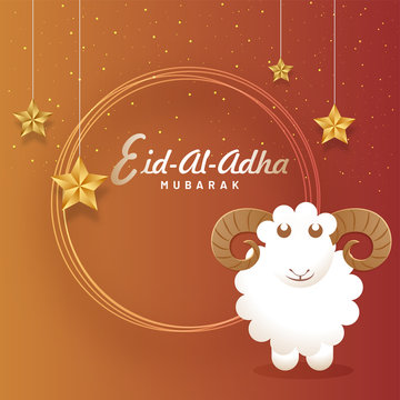 Eid-Al-Adha Mubarak, Islamic festival of sacrifice concept with happy sheep, hanging golden stars. Greeting card deisgn.