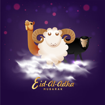 Eid-Al-Adha Mubarak, Islamic festival of sacrifice concept with happy sheep, camel and buffalo on cloudy, bokeh background.