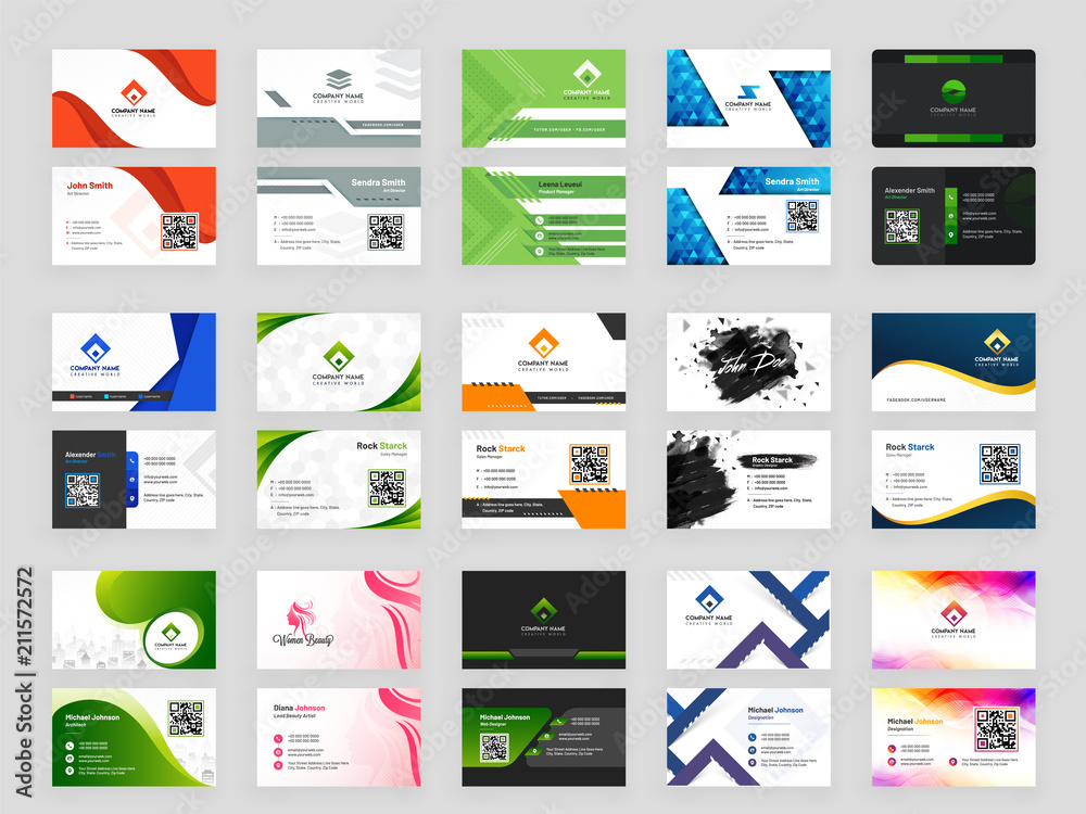 Poster collection of 15 horizontal business card template design with front and back presentation.