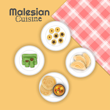Top view of Malesian cuisine with checkered napkin on yellow background.