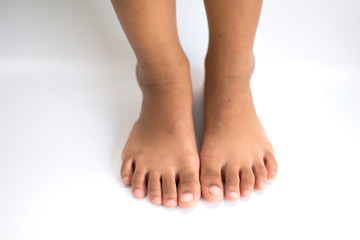 Feet Both bare feet pedal on a white background.