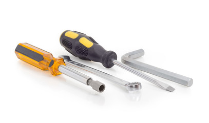 Various hand tools on a white background