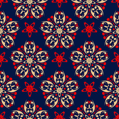 Blue floral seamless background with red and beige pattern