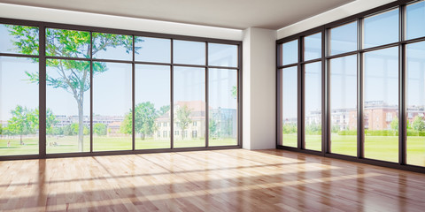 Fototapeta premium Leerer Wohnraum mit Parkettboden - Aussicht zum Park