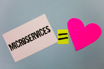 Handwriting text writing Microservices. Concept meaning Software development technique Decomposing an application Equal symbol sticky notes heart love plane coloured background calculation.