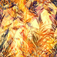 Obraz na płótnie Canvas imprints autumn jungle leaves mix repeat seamless pattern. watercolour and digital hand drawn picture. mixed media artwork. endless texture for textile decor and design