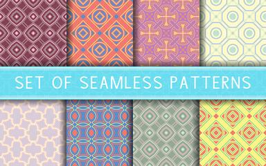 Geometric seamless patterns. Collection of colored backgrounds