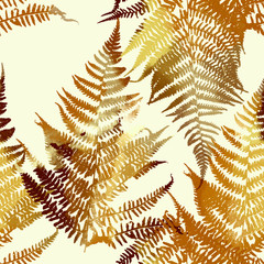 imprints fern leaves mix repeat seamless pattern. watercolour and digital hand drawn picture. mixed media artwork. endless texture for textile decor and design